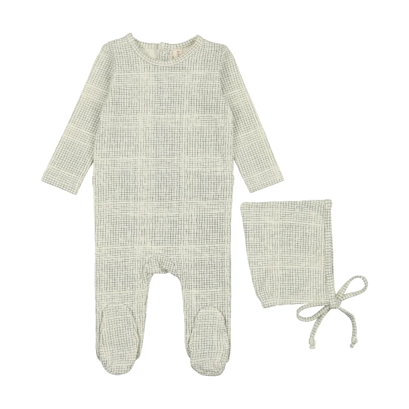 Lilette Grid Footie Set - Cream/Blue