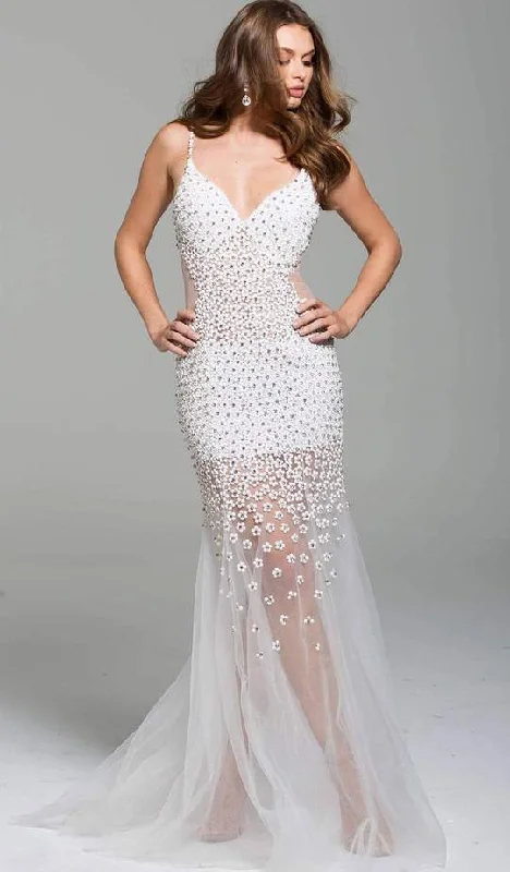 Jovani - Beaded Plunging V-neck Tulle Trumpet Dress 60695SC