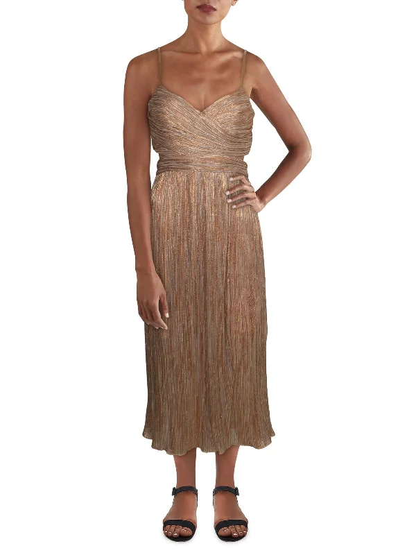 Womens Metallic Gathered Midi Dress