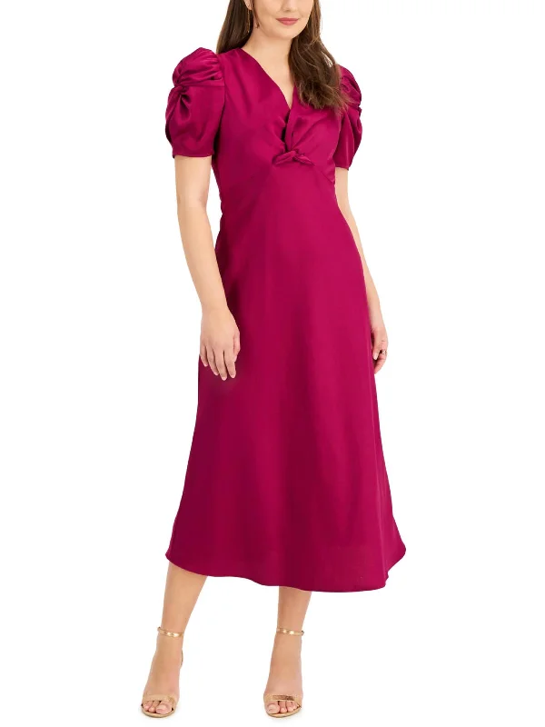 Womens Sateen Pufleeves Midi Dress