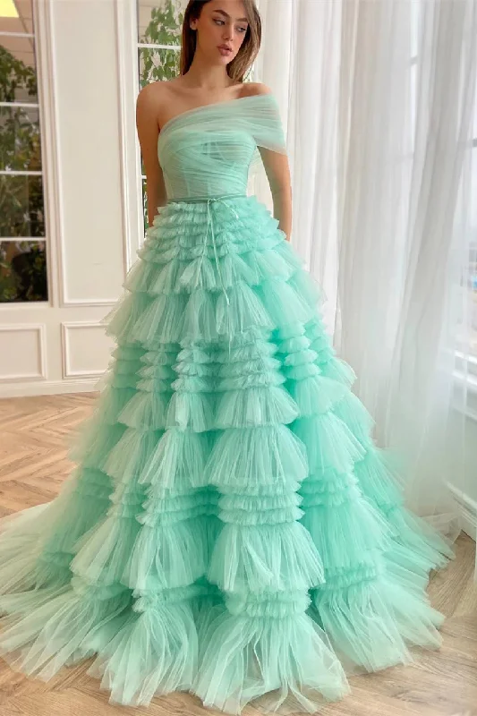 Turquoise One Shoulder A-line Prom Dresses With Ruffles, Luxury Evening Dresses, Newest 2025 Prom Dresses