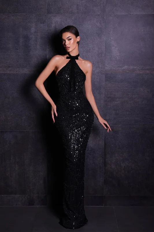 Halter Black Sequin Beaded Mermaid Prom Dresses, Sexy Prom Dresses, Newest 2025 Prom Dresses