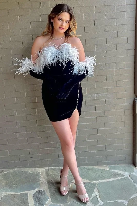 Black Velvet Feathers Strapless Cocktail Dress with Gloves