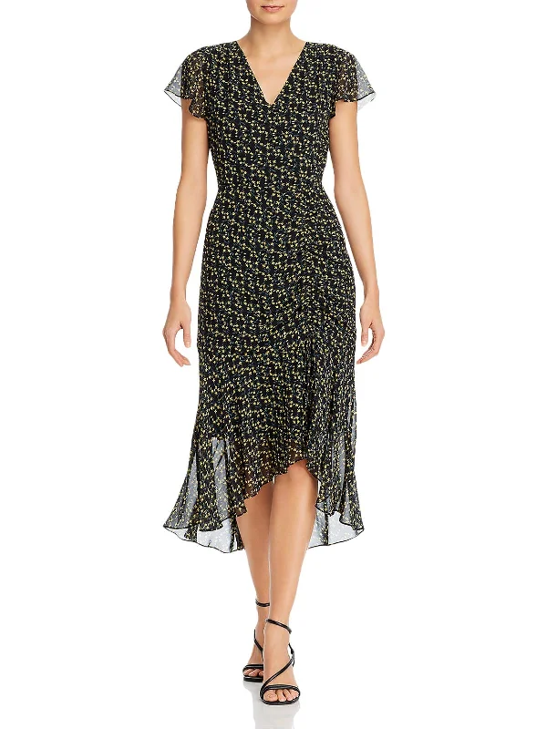 Womens Ditsy Floral Side Rouched Midi Dress