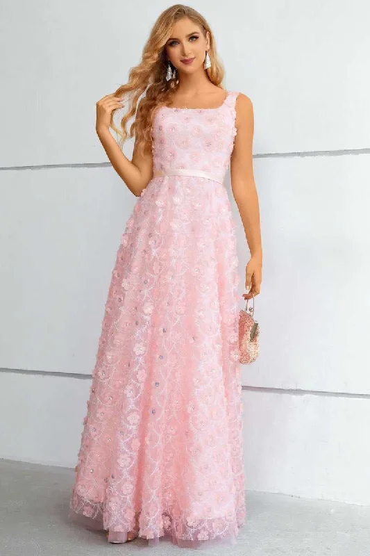 Pink 3D Floral Lace Square Neck A-Line Prom Dress