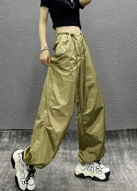 Women Khaki Pockets Patchwork Drawstring Beam Pants Summer