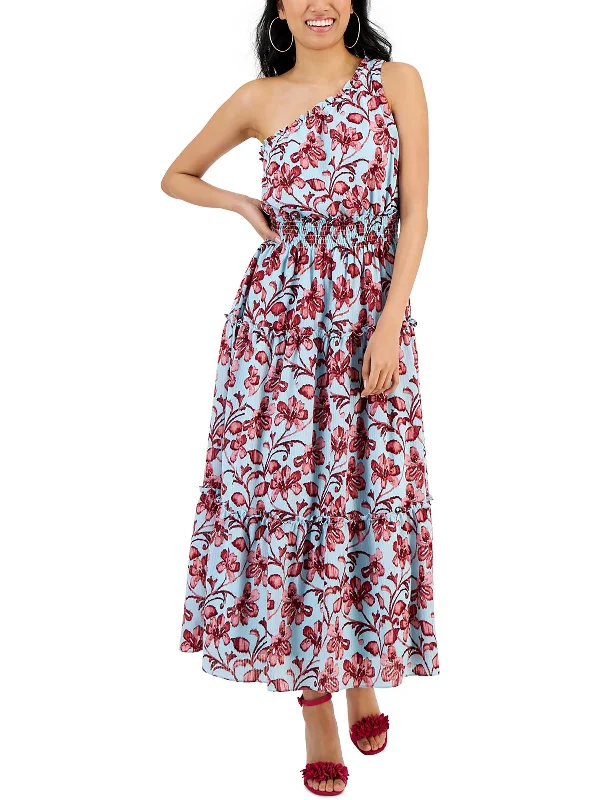 Petites Womens Smocked Ruffled Maxi Dress