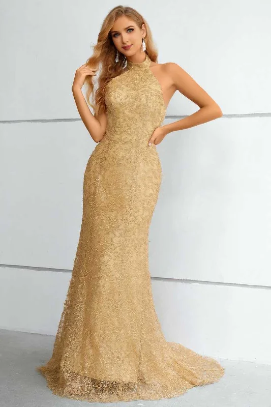 Gold Lace Halter Backless Mermaid Long Formal Dress