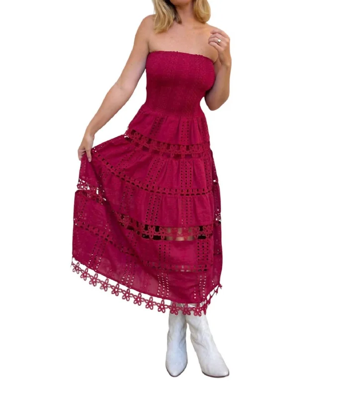 Cosmo Eyelet Lace Strapless Midi Dress In Burgundy