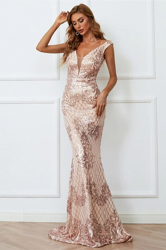 Champagne Sequin V-Neck Body Conscious Long Evening Dress