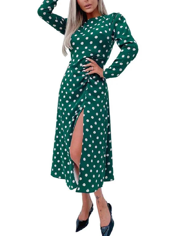 Womens Polka Dot Puff Sleeve Midi Dress