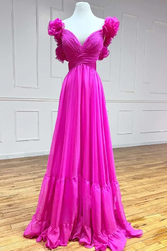 Magenta Chiffon Lace-Up Ruffle Belted A-Line Prom Dress