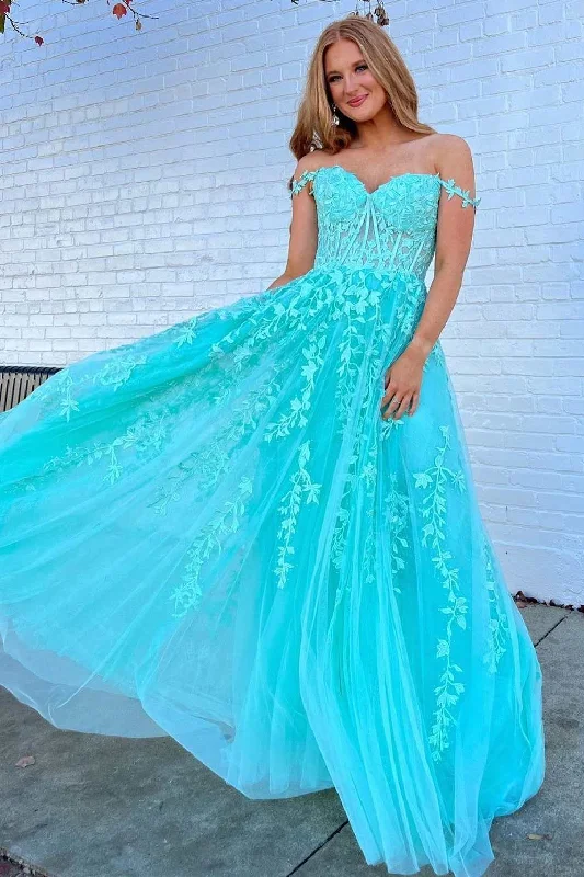 Aqua Floral Lace Sweetheart A-Line Prom Dress