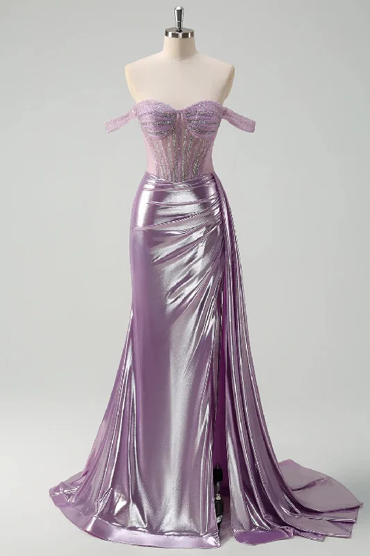 Off the Shoulder Light Purple Metalic Mermaid Prom Dresses, Newest 2025 Prom Dresses