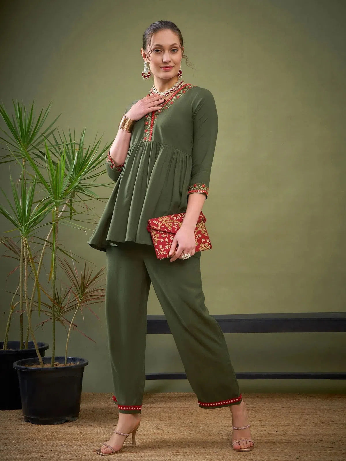 Women Olive Peplum Embroidered Top With Palazzos