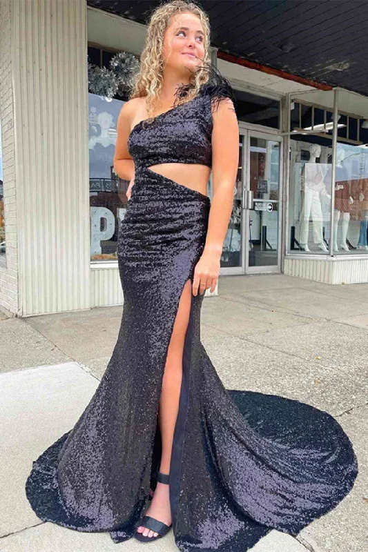 Popular Sequins Long Prom Dresses, Mermaid Girl Graduation Dresses, One Shoulder Evening Party Dresses