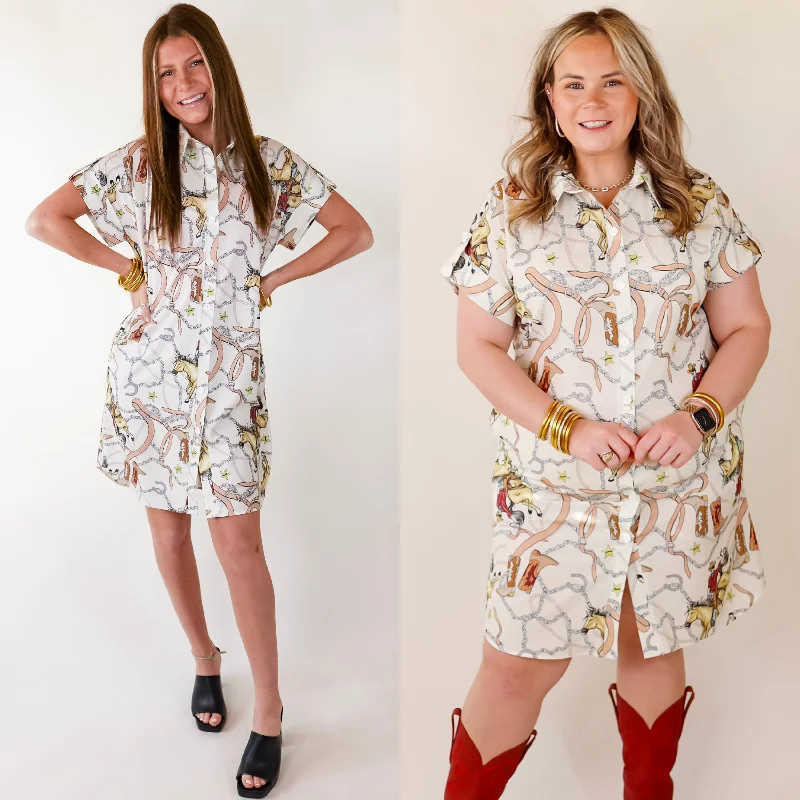 The Cowgirl Way Button Up Cowboy Print Dress in Cream