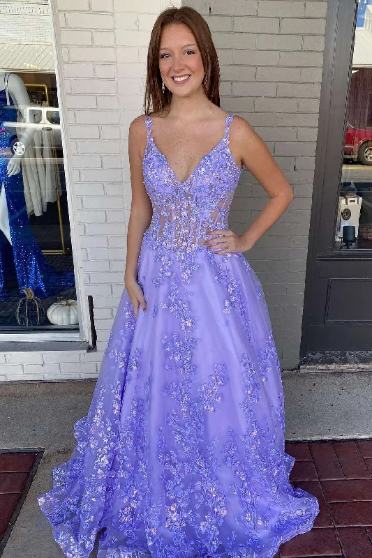 Lavender Floral Lace V-Neck A-Line Prom Gown