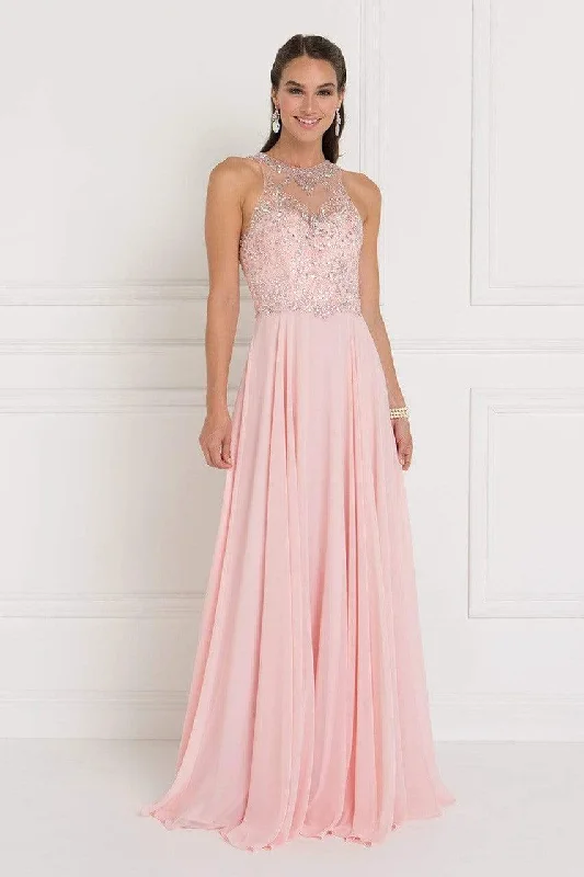 Elizabeth K - GL1572 Embellished Illusion Jewel Chiffon A-line Dress