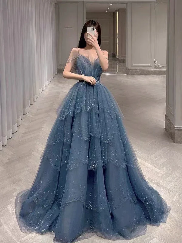 Dusty Blue Fluffy Ruffled Beaded Prom Dresses, Princess Prom Dresses, A-line Prom Dresses, Newest 2022 Prom Dresses, Party Dresses