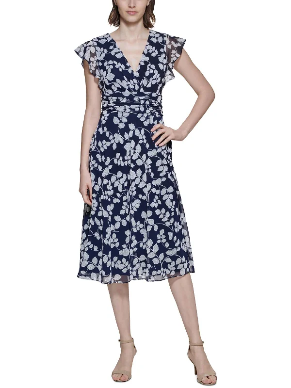 Womens Floral Print Midi Fit & Flare Dress