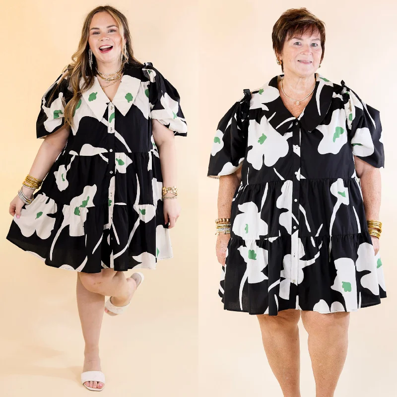 Dreamy Delight Green and White Floral Print Button Down Dress with Puff Sleeves in Black