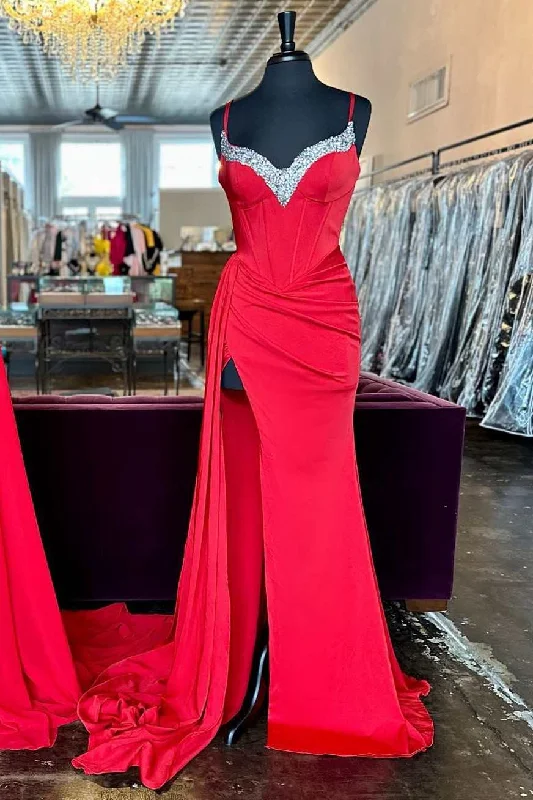 Red Beaded Queen Anne Neck Straps Long Formal Gown with Attached Train