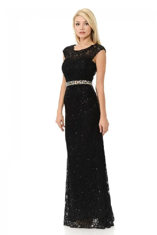 Lenovia - 5152 Sheer Sequin Lace Gown with Crystal Beaded Belt