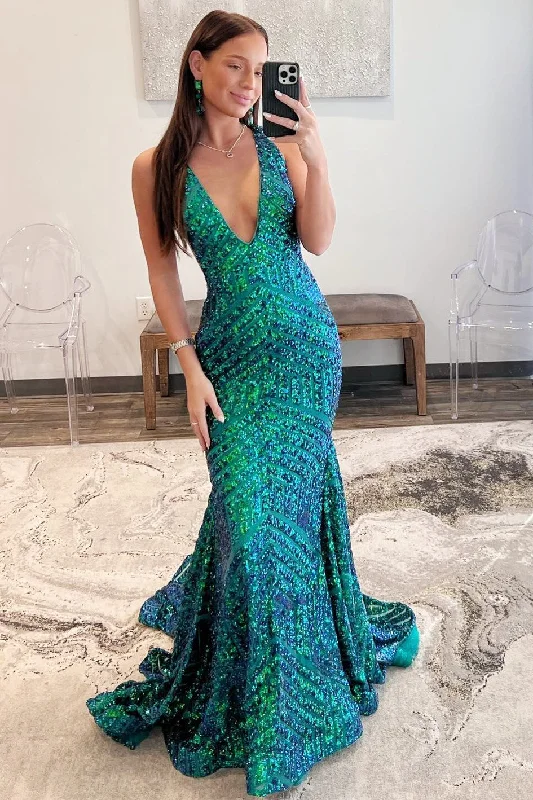 Plunging V-Neck  Sequins Sleeveless Mermaid Long Evening Prom Dress