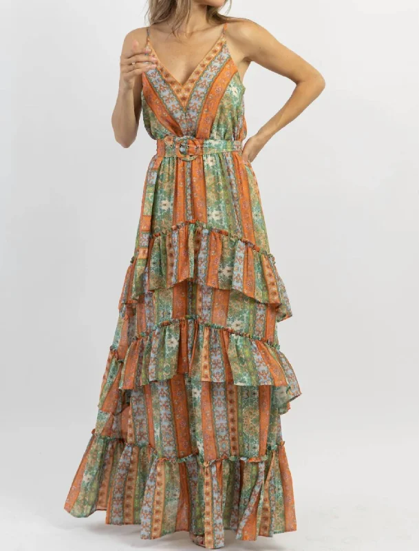 Palermo Belted Pattern Maxi Dress In Multi