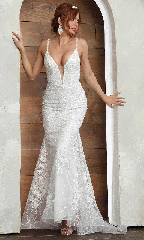 May Queen RQ8048 - Plunging V-Neck Embroidered Wedding Gown