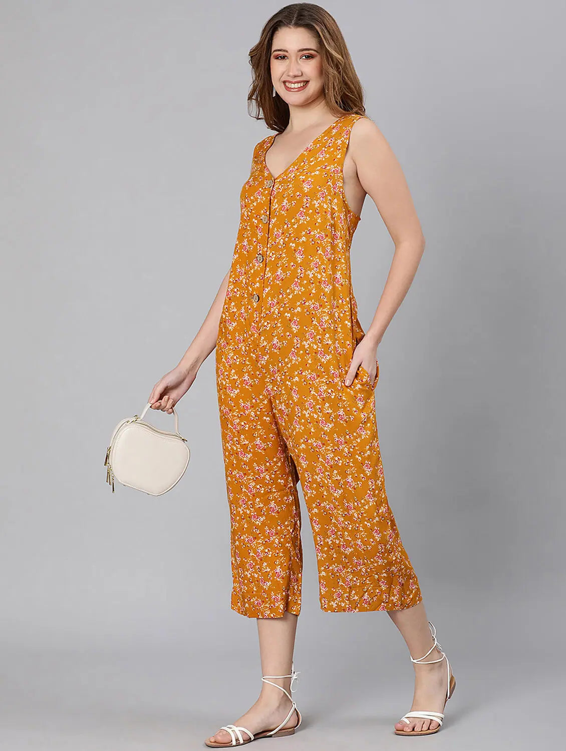 Women Floral Standard Yellow Jumpsuits & Sets