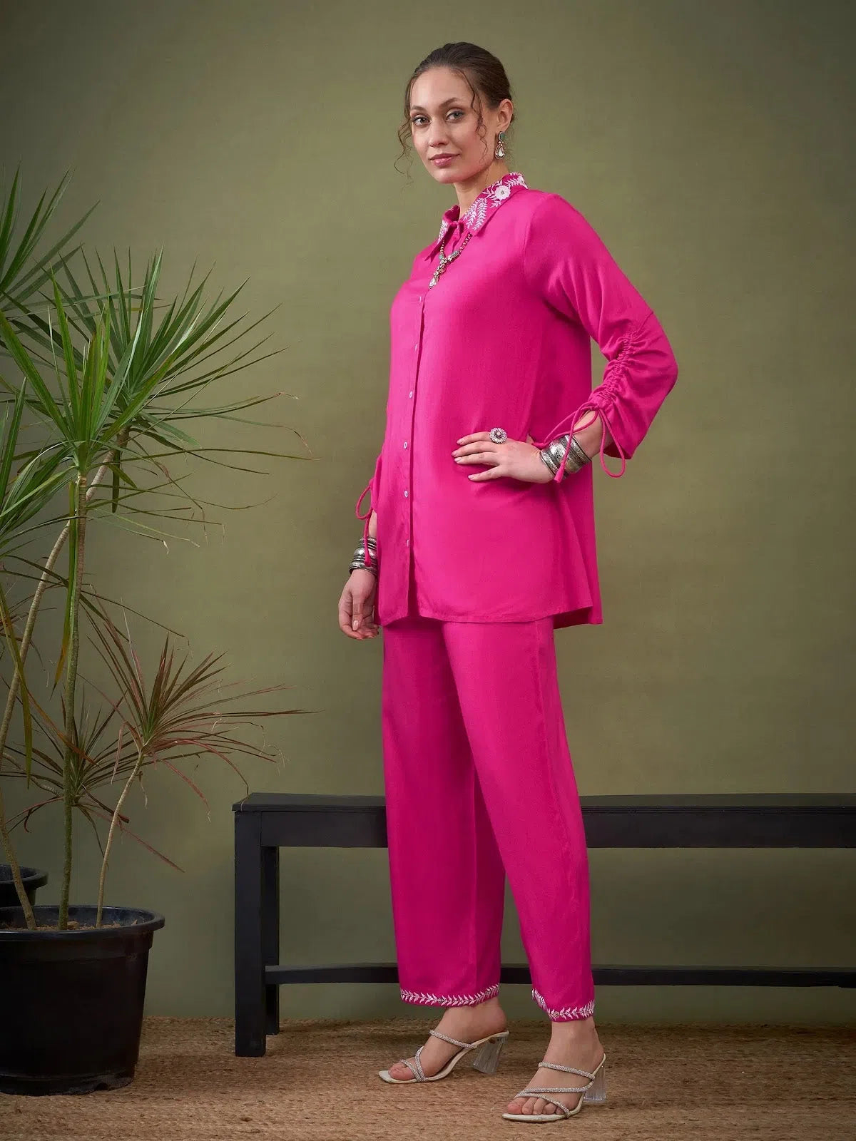 Women Fuchsia Collar Embroidered Shirt With Palazzos