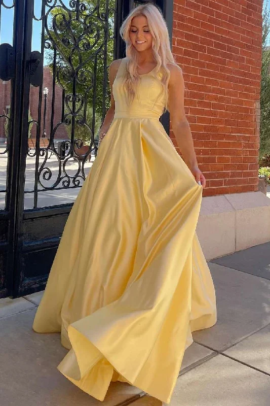 Yellow Round Neck Cutout Back A-Line Formal Dress with Rhinestones