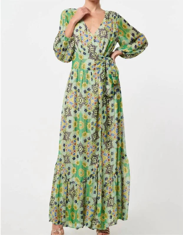 Shani Printed Shimmer Maxi Wrap Dress In Green Multi