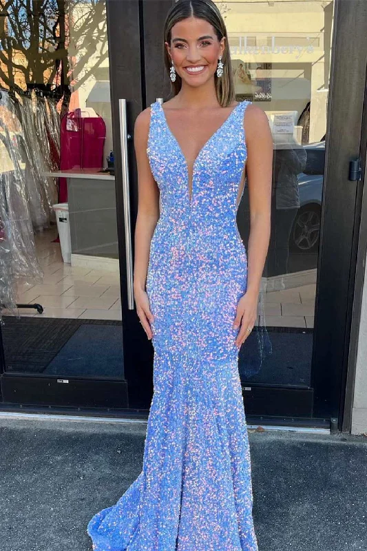 Periwinkle Iridescent Sequin Plunge V Mermaid Long Formal Dress