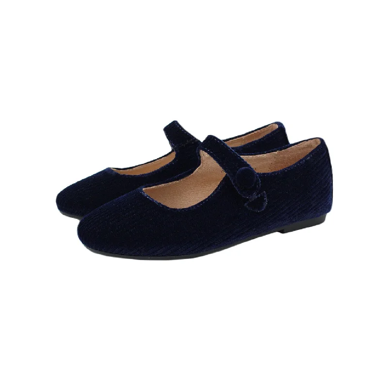 Perroquet Girls Ribbed Velvet Round Front Mary Janes - Blue