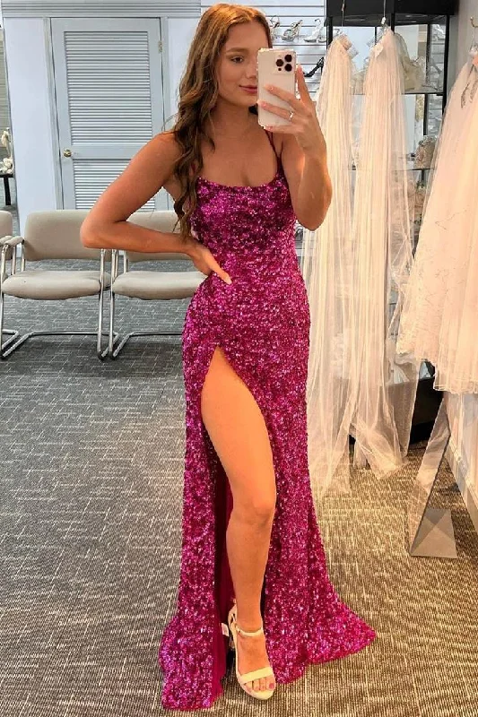 Fuchsia Sequins Mermaid Long Formal Dress