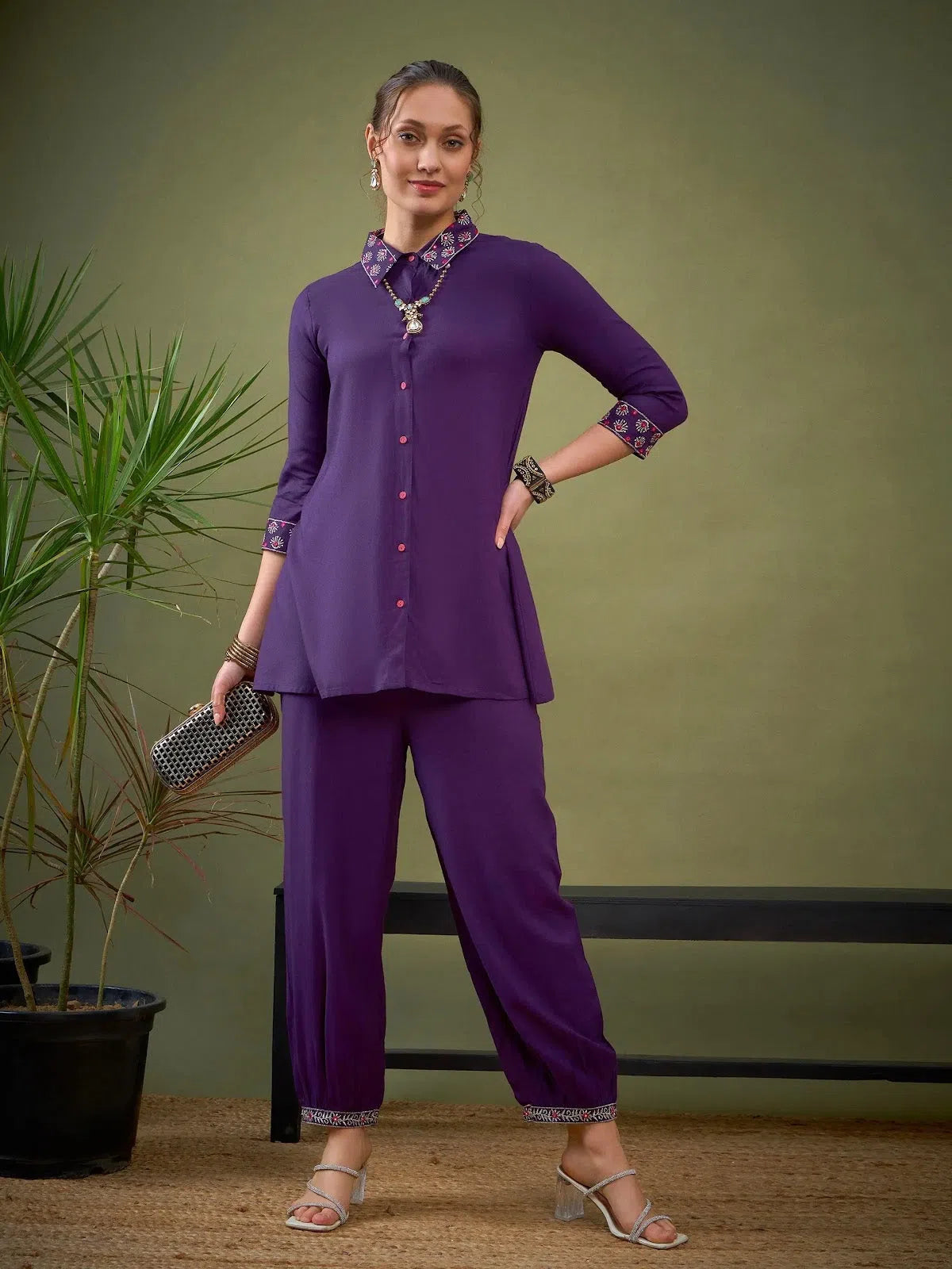 Women Dark Purple Sleeves & Collar Embroidered Shirt With Cuff Pants