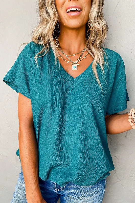 Crinkled V Neck Wide Sleeve T-shirt