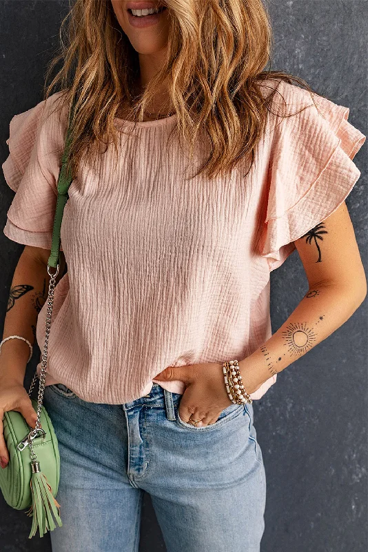 Textured Tiered Ruffled Short Sleeve Blouse