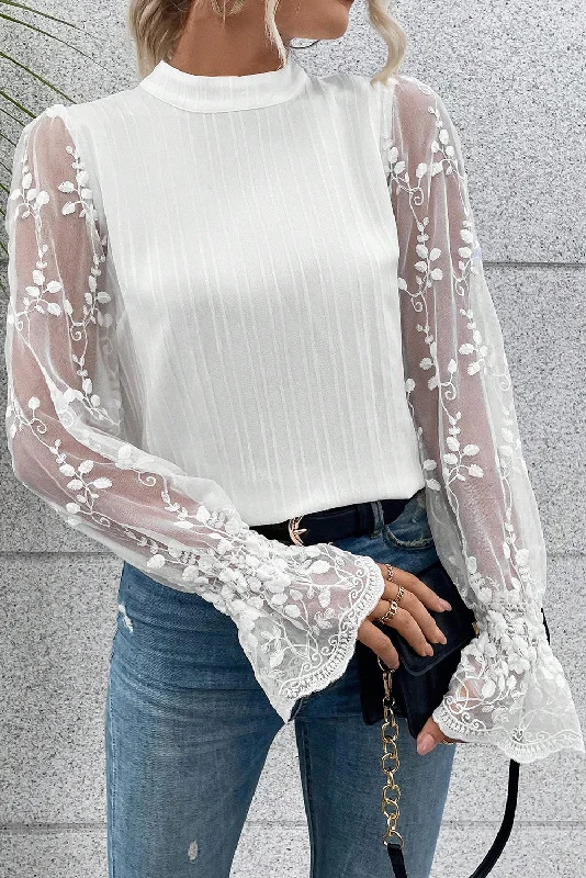 Lace Sleeve Mock Neck Textured Blouse